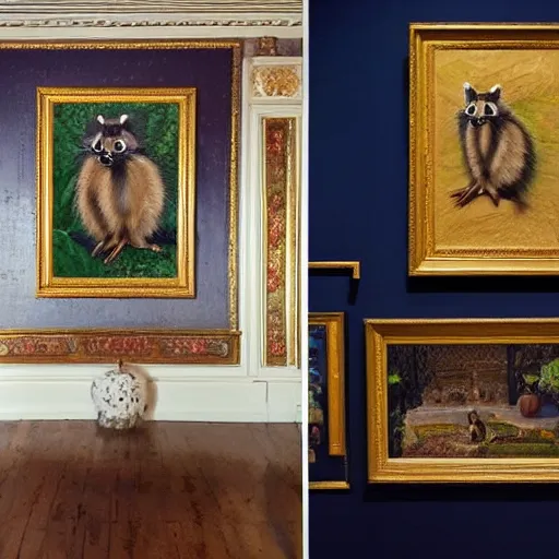 Prompt: a wall in a royal castle. there are two paintings on the wall. the one on the left a detailed oil painting of the royal raccoon king. the one on the right a detailed oil painting of the royal raccoon queen.