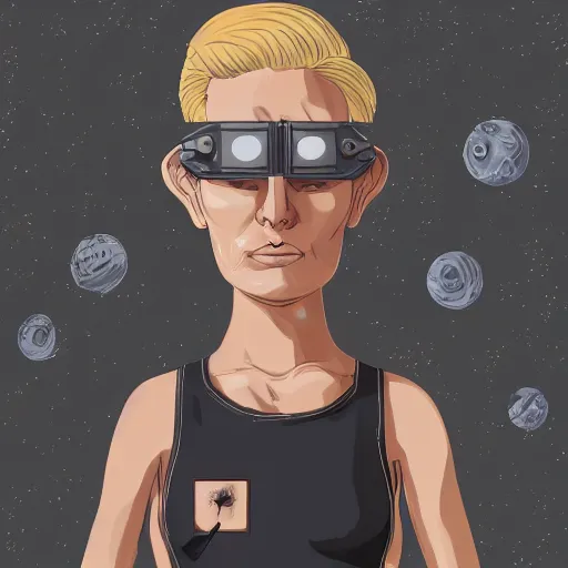 Prompt: detailed illustration of square - jawed emotionless serious blonde woman starship engineer, tribal tattoos, handsome, short slicked - back hair, sweating, uncomfortable and anxious, looking distracted and awkward, wearing victorian dark goggles, dirty white tank top, cargo pants, and gloves, small spacecraft in background, highly detailed, mike mignogna, trending on artstation