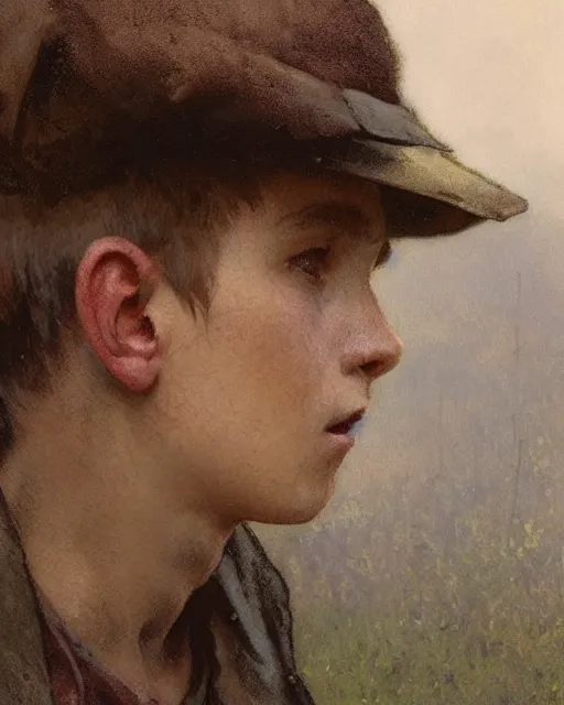 Image similar to side portrait of an Appalachian boy playing with dusty detailed features, dirt, prohibition era, Appalachian mountains, sharp focus, illustration, highly detailed, oil painting, matte, art by Greg Rutkowski and Alphonse Mucha, masterpiece