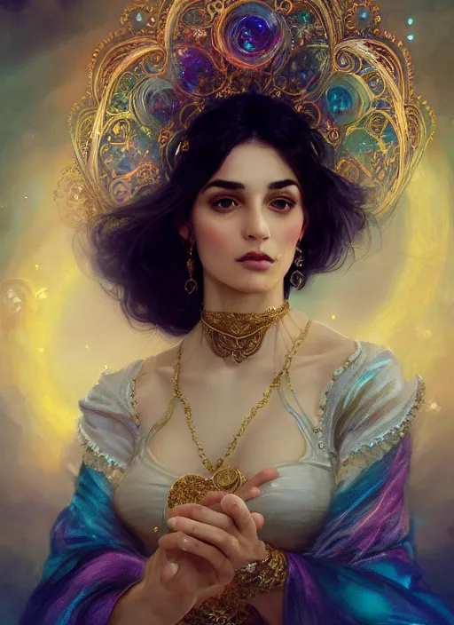 Prompt: portrait of magical persian woman, dreamy and ethereal, gold and teal eyes, peaceful expression, ornate frilly dress, fantasy, intricate, elegant, rainbow bubbles, highly detailed, digital painting, artstation, concept art, smooth, sharp focus, illustration, art by artgerm and greg rutkowski and alphonse mucha