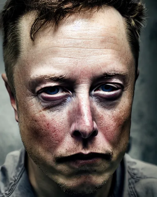 Image similar to closeup prison mugshot of elon musk, dramatic lighting, dirty business suit, low saturation, somber expression, filthy hair, rugged textured face, soft vignette, soft focus, 5 0 mm, 4 k, photograph by annie leibovitz