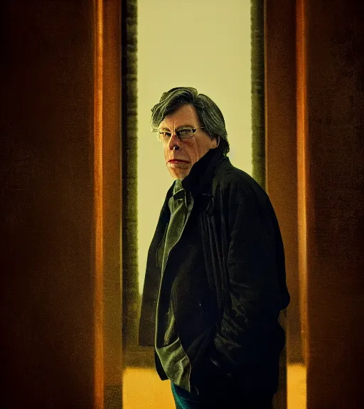 Prompt: hd pro telephoto photo portrait of stephen king standing in front of darktower dramatic Leica Zeiss cinematic noir trending on Flickr artstation