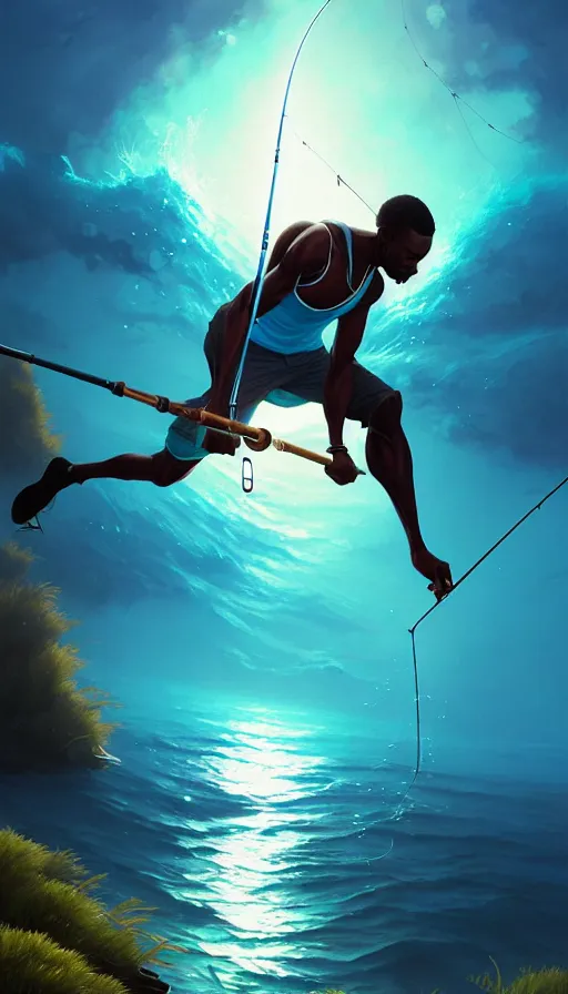 Image similar to highly detailed portrait of one athletic modern jamaican man fishing with a magical glowing fishing rod weapon, ocean background, unreal engine, fantasy art by greg rutkowski, loish, rhads, makoto shinkai and lois van baarle, ilya kuvshinov, rossdraws, tom bagshaw, global illumination, radiant light, detailed and intricate environment