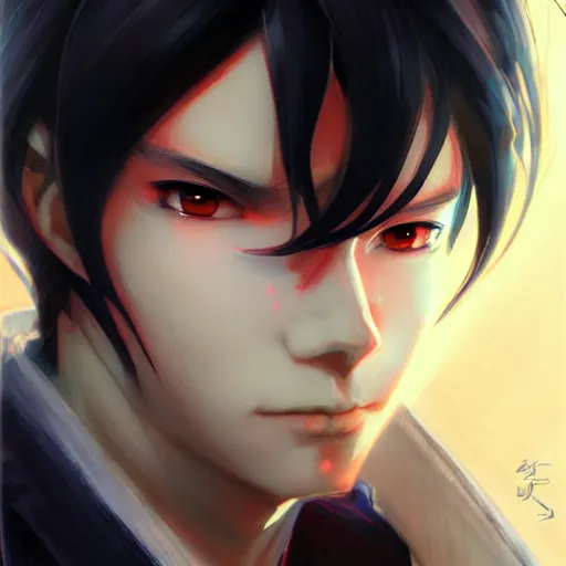 Image similar to anime portrait of a slick black hair guy with red eyes by stanley artgerm lau, wlop, rossdraws, james jean, andrei riabovitchev, marc simonetti, and sakimichan, trending on artstation