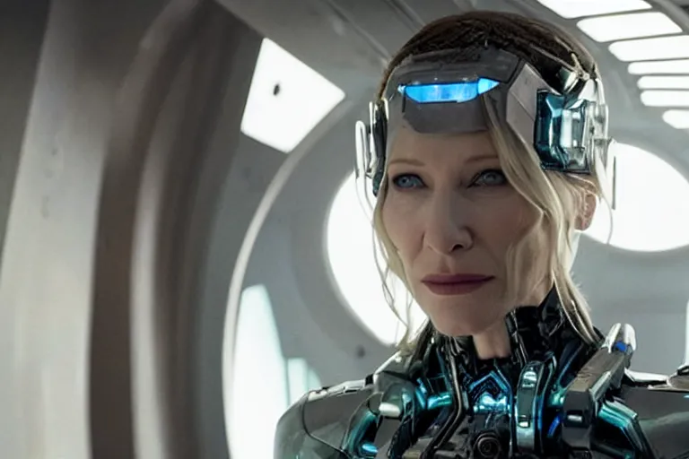 Image similar to cate blanchett on the bridge of a starship, cyberpunk, movie still