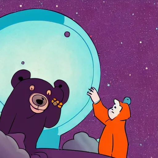 Image similar to cartoon illustration of a bear mascot being launched from a futuristic marble planet, purple and orange cloudland