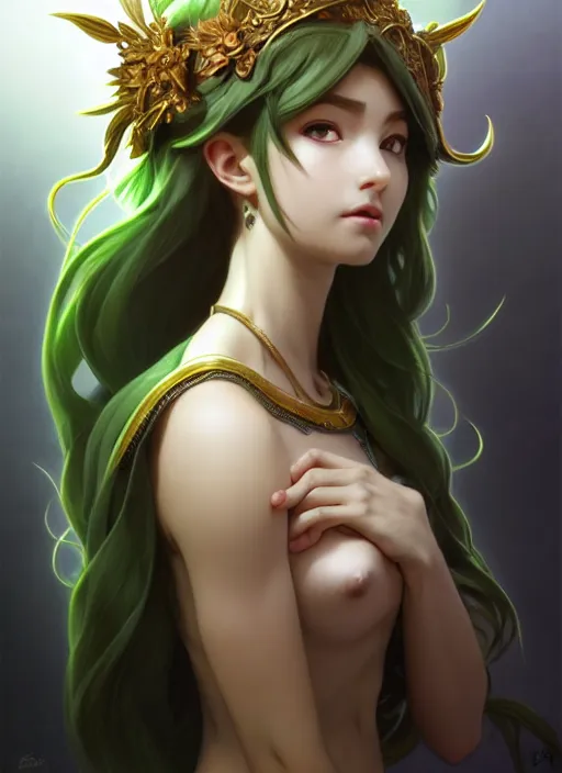 Prompt: portrait from left, head and body only, palutena, piercing eyes, concept art, digital illustration, by rossdraws, frank franzzeta, intricate, masterpiece, elegant, hyper detailed, artstation, unreal engine rendered, concept art, smooth, sharp focus, illustration, art by artgerm and greg rutkowski and alphonse mucha and garis edelweiss