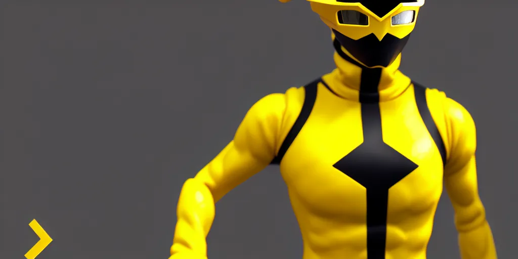 Image similar to symmetry!! portriat, a single yellow ranger, head and torso, artstation, art by murata, art by oda echiiro, lightning helmet, 3 d, jumpsuit, tracksuit, yellow, gloves, logo