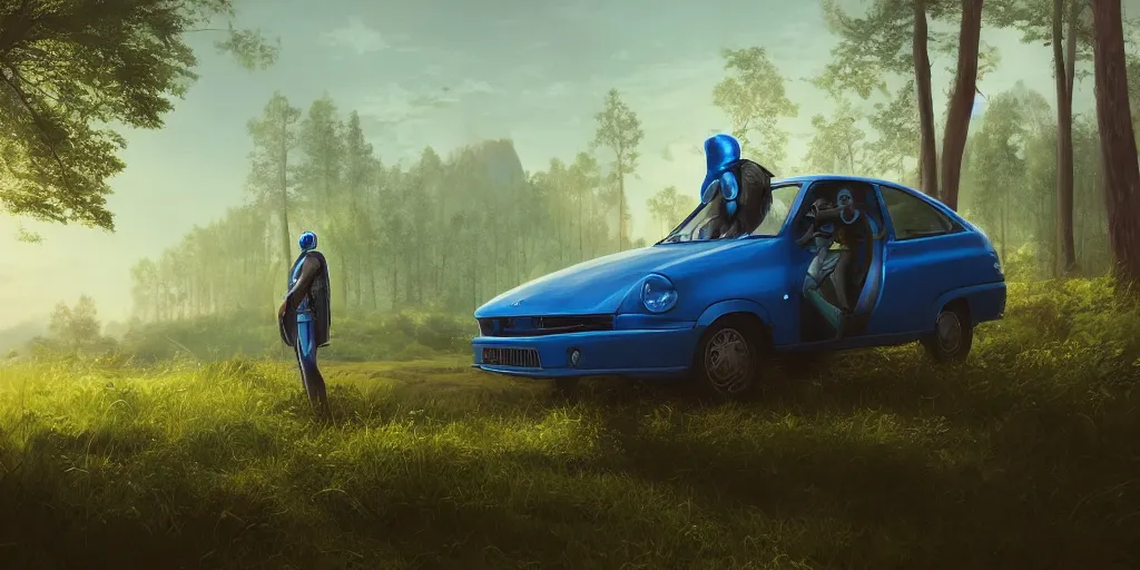 Image similar to blue knight sits on top of a green car, elegant scene, indian forest, wide angle, cinematic, ultrarealistic, trending on artstation, cgsociety, highly detailed, color graded, rendered in unreal engine 4 k hq, matte painting, by simon stalenhag, horizon forbidden west