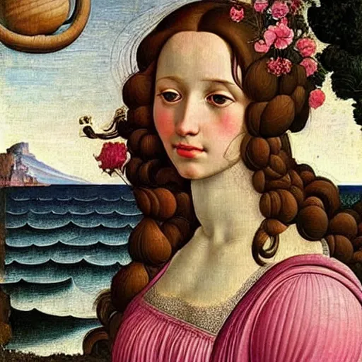 Prompt: an hyperrealistic mythological oil painting of venus with long curly brown hair, full body, wearing pink floral chiton, sing n a giant scallop shell, near the seashore, intricate lines, elegant, renaissance style, by sandro botticelli and william waterhouse