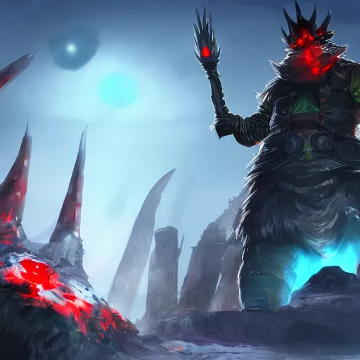 Image similar to penguin with red glowing eyes in the foreground, eternal necropolis tower in the background, guild wars 2 art style