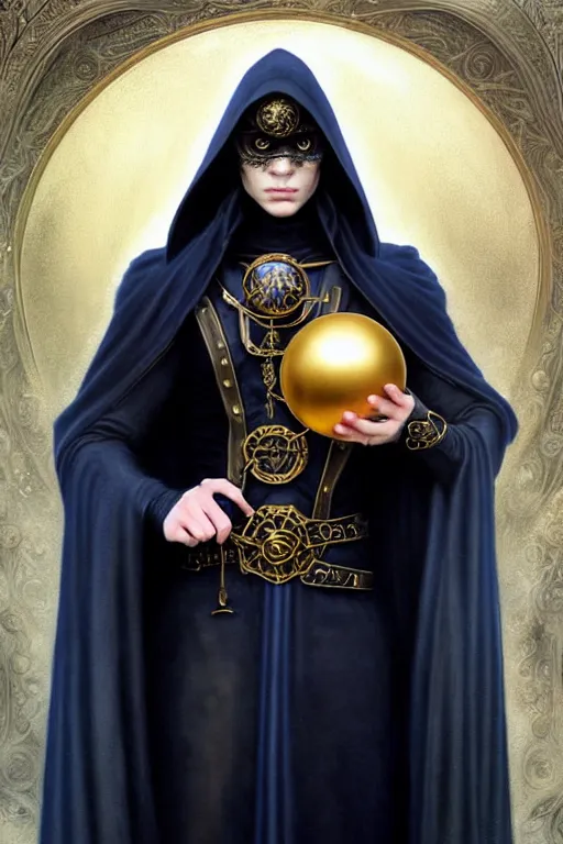 Image similar to handsome mage holding a sphere - tellurion!, long black hair blue eyes wearing leather mantle gothic navy cloak with gold details, castle town, fantasy character portrait, ultra realistic, intricate, elegant, highly detailed, digital painting, artstaion, smooth, sharp, focus, illustration, art by artgerm and greg rutkowski and alphonse mucha