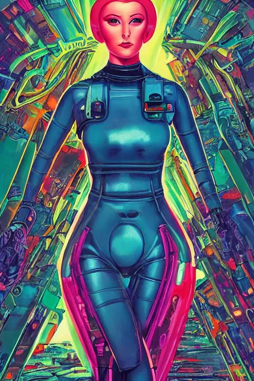 Image similar to attractive female android in feminine pose on a hyper-maximalist overdetailed retrofuturist scifi bookcover illustration from '70s. Inspired by vincent di fate. Biopunk, solarpunk style. Daytime