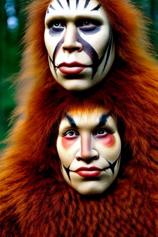 Image similar to a professional portrait photo of a neanderthal woman forest, face paint, ginger hair and fur, extremely high fidelity, natural lighting, still from the movie quest for fire