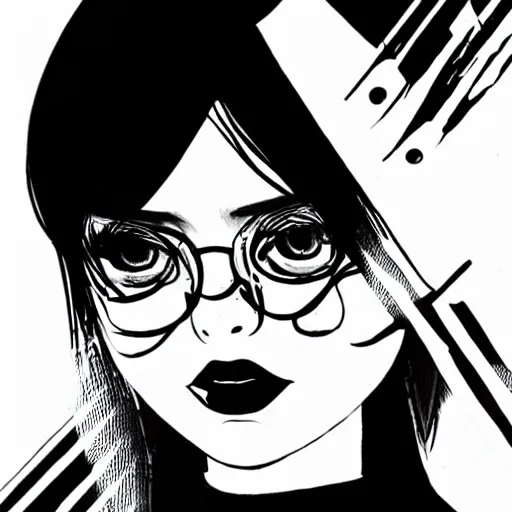 Image similar to an ink drawing of a tech punk girl by ilya kuvshinov, black and white