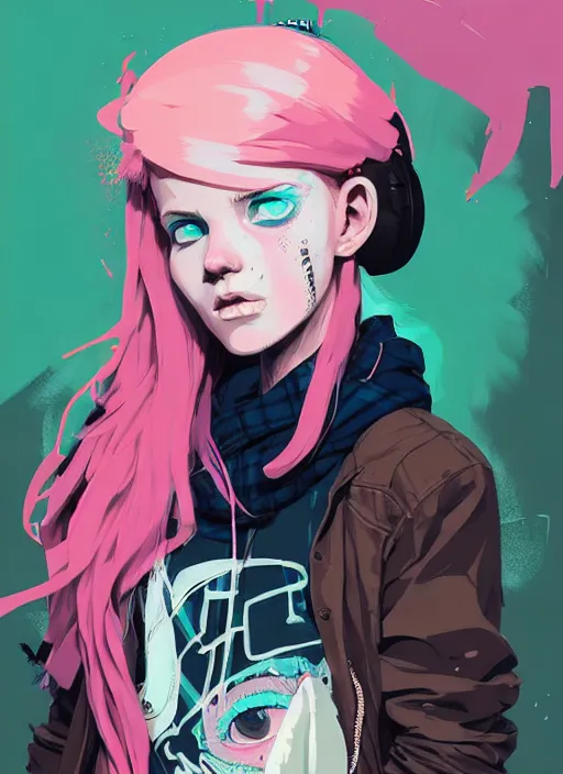 Prompt: highly detailed portrait of a sewer punk lady student, blue eyes, tartan hoody, pink hair by atey ghailan, by greg rutkowski, by greg tocchini, by james gilleard, by joe fenton, by kaethe butcher, gradient green, black, brown and magenta color scheme, grunge aesthetic!!! ( ( graffiti tag wall background ) )