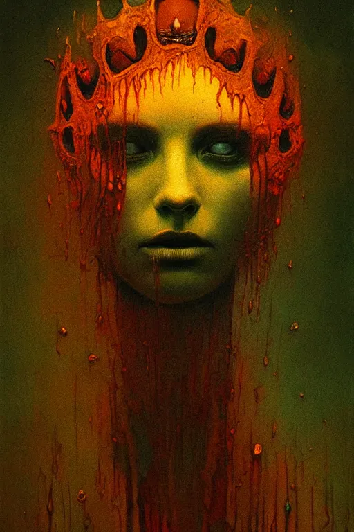 Prompt: queen of darkness painting in the style of beksinski, violent, high delicate defined details, beautiful, atmospheric, rain, matte, 3 d 8 k octane rendered, sharp focus, illustration, holographic undertones, high detail, ultra realistic, highly saturated colors