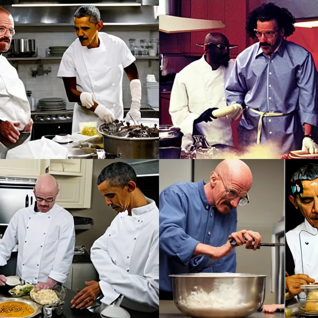 Prompt: Walter White cooking Black Tar with Barack Obama