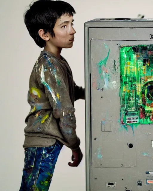 Prompt: an 8 years old enlightened and scared boy standing in front of an old computer with a game doom2 at the monitor screen painted by Adrian Ghenie and Willem de Kooning and Cy Twombly, still from a 2021 movie by James Cameron. expressive acrylic flowing smudged painting