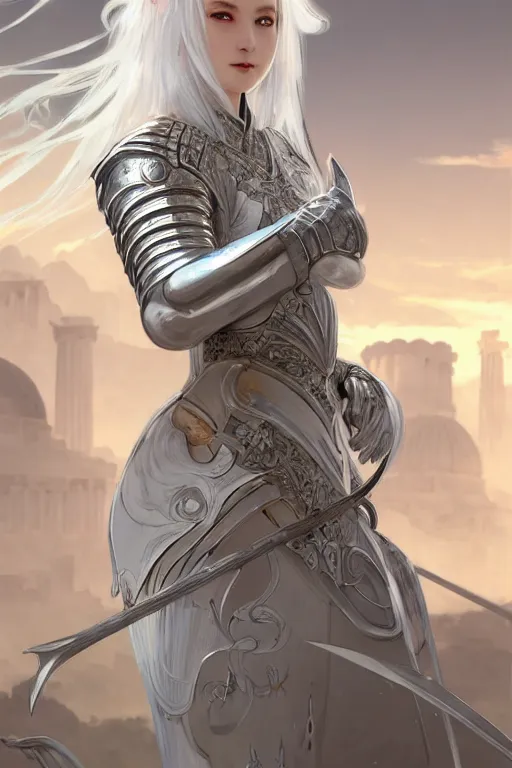 Image similar to portrait white hair knights of zodiac girl, sliver ice color reflected armor, in ruined agora of athens sunrise, ssci - fi and fantasy, intricate and very very beautiful and elegant, highly detailed, digital painting, artstation, concept art, smooth and sharp focus, illustration, art by tian zi and wlop and alphonse mucha