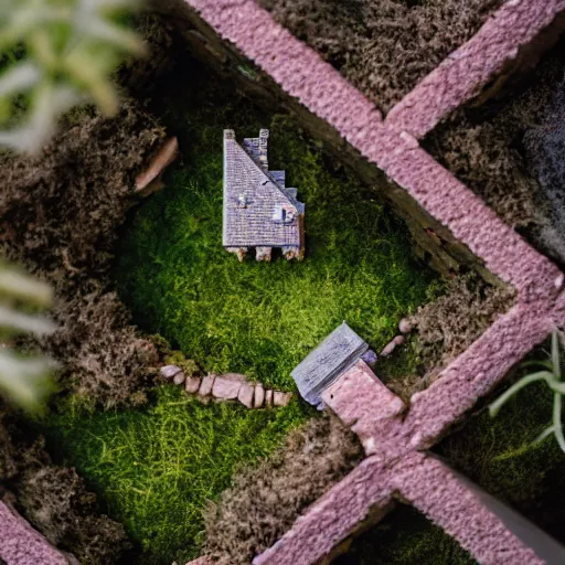 Prompt: aerial photo of castle in a terrarium, sigma 5 0 mm f 1. 4, cinematic macro photography