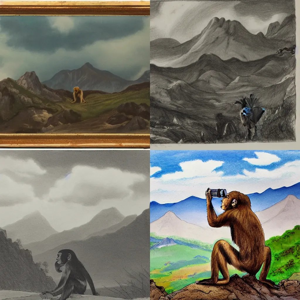 Prompt: a monkey taking a photograph, mountains in the backround with clouds, howson peter drawing