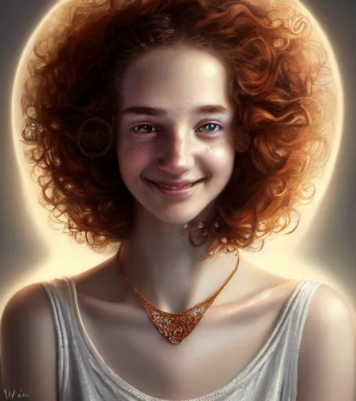 Prompt: portrait of teenage aphrodite, light freckles, curly copper colored hair, smiling kindly, wearing an embroidered white linen dress, intricate, elegant, mother of pearl jewelry, glowing lights, highly detailed, digital painting, artstation, concept art, smooth, sharp focus, illustration, art by wlop, artgerm, and greg rutkowski