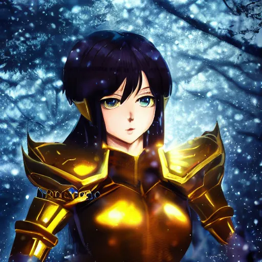 Prompt: focus face portrait of beautiful darkness knight 3D anime girl, posing, golden armor wearing, dark forest background, snowing, bokeh, inspired by Masami Kurumada, digital painting, high contrast, unreal engine render, volumetric lighting, high détail