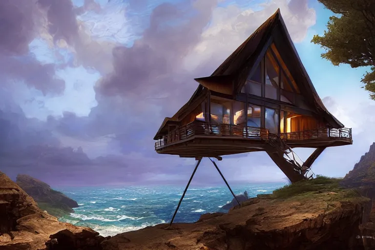 Image similar to lovely a - frame home sits atop a broad cliff, overlooking the entirety of the blue sky, digital painting by greg rutkowski and gaston bussiere, zbrush, cgsociety contest winner, comprehensive art, intricate, landscape photography, brightly radiant atmosphere, overcast sky, homogeneous to hawaii, 4 k, 8 k