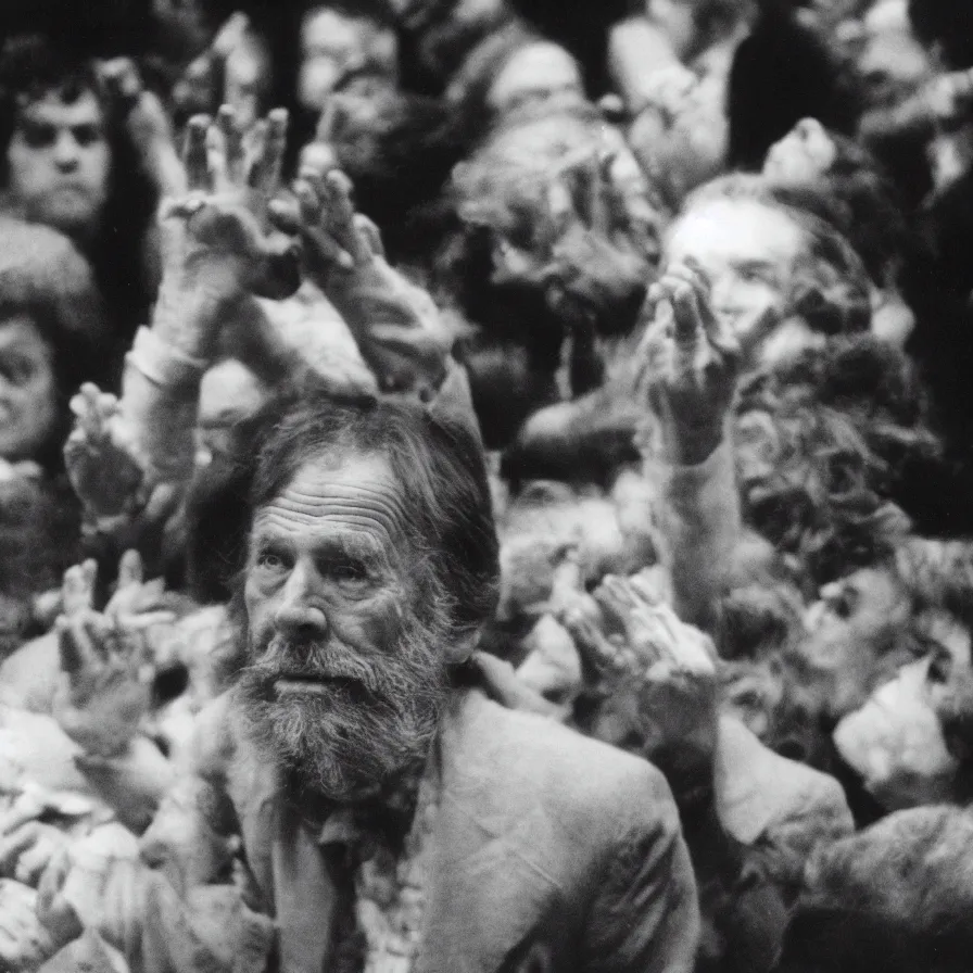 Image similar to 7 0 s movie still of an old man drowning in a soviet ballroom full of hands, cinestill 8 0 0 t 3 5 mm, heavy grain, high quality, high detail