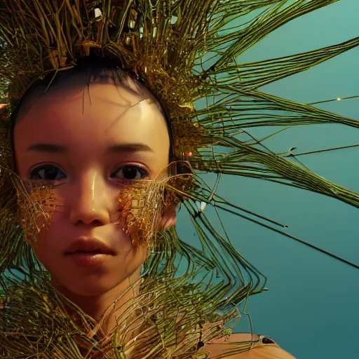 Image similar to piles of modular synth cables mixed with mangrove roots, kawaii puerto rican goddess staring through your soul wearing a headpiece made of circuit boards, by makoto shinkai, masamune, and stanley kubrick, unique perspective, eastman color, trending on artstation, cinematic, 3 d render, photorealistic