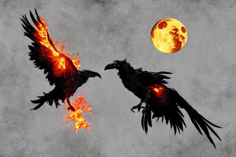 Prompt: fire ravens eating the moon, digital art