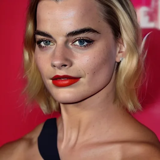 Image similar to a woman who is a genetic combination of margot robbie and emma watson face and upper - body focus