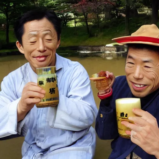 Image similar to two playboys drinking sake in a parc, Jigoku zoshi