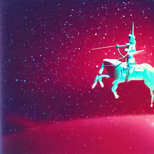 Image similar to a robot riding a pink unicorn in space, cinestill 8 0 0 t, award winning photograph, taken in 1 9 8 3