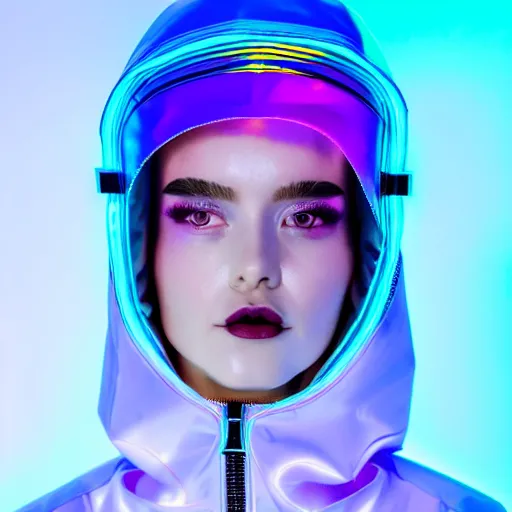 Image similar to an ultra high definition professional studio quality photograph of an artificial celebrity cyberpunk pop star wearing a transparent iridescent perspex pastel coloured face visor and matching raincoat in an empty white room. dramatic lighting. volumetric shadows. light rays