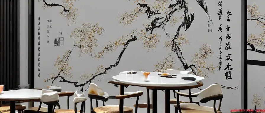 Image similar to a beautiful simple interior 4 k hd wallpaper illustration of small roasted string hotpot restaurant restaurant yan'an, wall corner, from china, wallpaper with tower mountains, rectangle white porcelain table, black chair, fine simple delicate structure, chinese style, simple style structure decoration design, victo ngai, 4 k hd