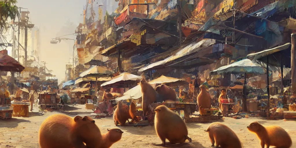 Prompt: The capybara market , artwork by Craig Mullins,Movie poster, detailed, trending on artstation