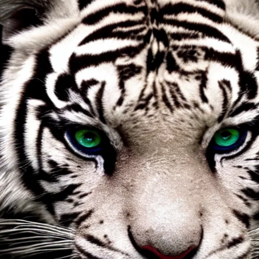 Prompt: realistic close up photo of a white tiger | blue eyes | colorful blue eyes | cinematic photo | cinematic shot | epic | 8k resolution | realistic | hyperrealistic