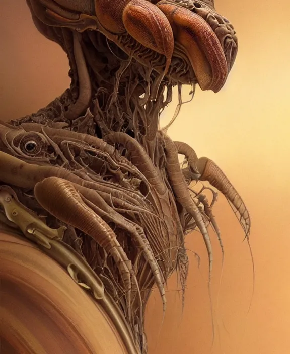 Prompt: intricate earth - toned portrait of a disturbing terrifying alien insect creature, mottling coloring, adorable, childlike, medical environment, ultra realistic, concept art, art nouveau, photorealistic, octane render, 8 k, unreal engine. art by christopher marley and artgerm and greg rutkowski and alphonse mucha