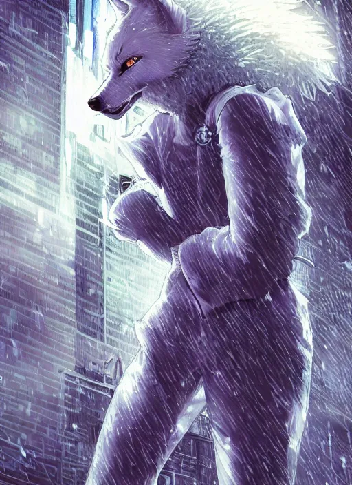 Prompt: character portrait of a male anthro albino wolf fursona with a tail and a cute beautiful attractive detailed furry face wearing stylish cyberpunk clothes in a cyberpunk city at night while it rains. hidari, color page, tankoban, 4K, tone mapping, Akihiko Yoshida.