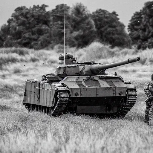 Image similar to Gruesome photo of British mercenaries wearing grey body armor retreating from a tank, photo by Adam Ferguson, Pulitzer Winning, cinematic composition, breathtaking, modern, 2022