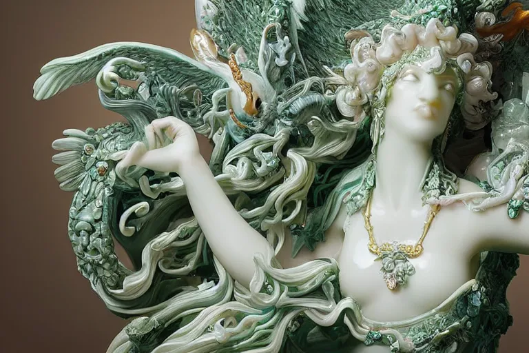 Image similar to a closeup photo, rococo alabaster and jade real delicate ceramic porcelain sculpture of an ornate detailed phoenix goddess in front of an intricate background by rafael, micro detail, backlit lighting, subsurface scattering, translucent, thin porcelain, emerald, jade, octane renderer, colorful, physically based rendering, trending on cgsociety