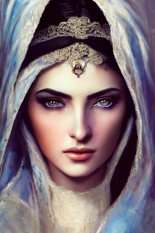 Prompt: ameera al taweel, bright blue eyes, long wavy black hair, white veil, front closeup, cinnamon #b57e59 skin color, elegant, highly detailed, centered, oil painting, artstation, concept art by tom bagshaw