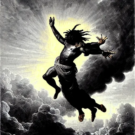 Image similar to chief keef ascending into heaven, biblical image, style of gustave dore, highly detailed, beautiful, high contrast