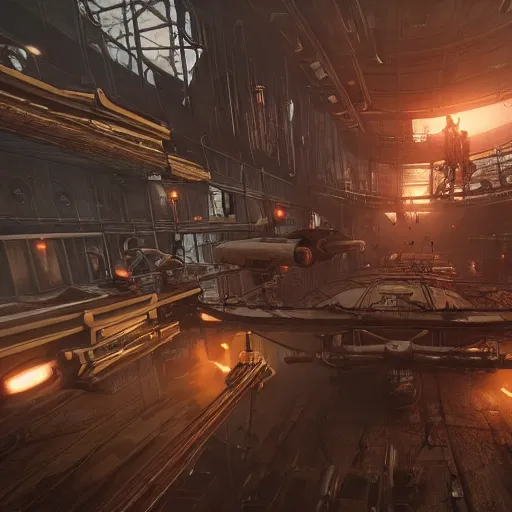 Prompt: video game still of a steampunk first person shooter game set in an overpopulated sci with first person sci - fi gun in frame - fi steampunk city, flying steampunk airships and vehicles, unreal engine 5,