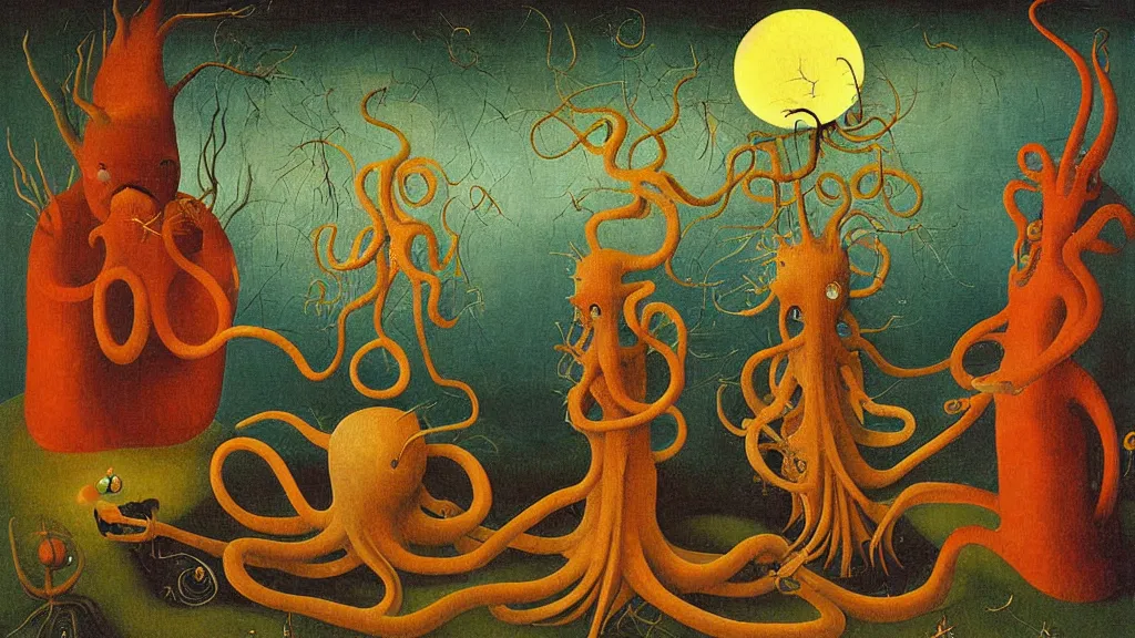 Prompt: a beautiful digital painting digital render of a landscape with strange weird octopus creatures. remedios varo. hieronymus bosch. chiho aoshima. johfra bosschart