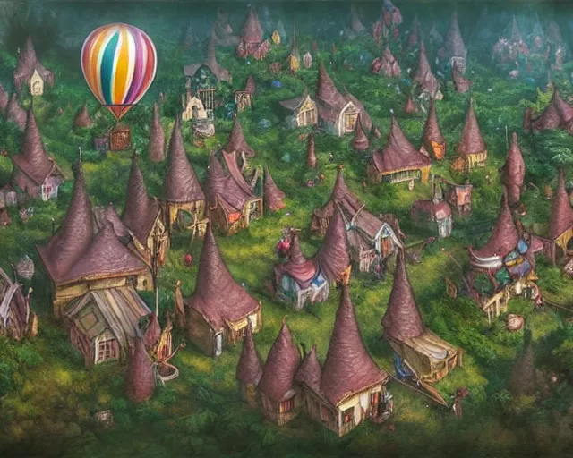 Image similar to fantasy clown village next to a balloon forest, aerial view, deep focus, d & d, fantasy, intricate, elegant, highly detailed, digital painting, artstation, concept art, matte, sharp focus, illustration, hearthstone, art by artgerm and greg rutkowski and laura sava and alphonse mucha