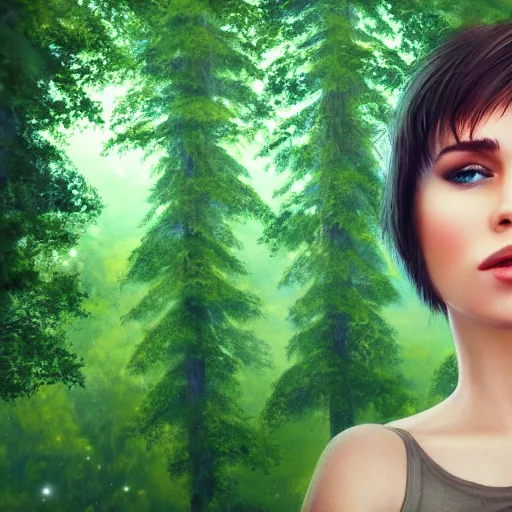 Image similar to an hd photo of a young woman with short brown hair and green eyes, beautiful trees in the background, night sky with stars and galaxies, trending on artstation