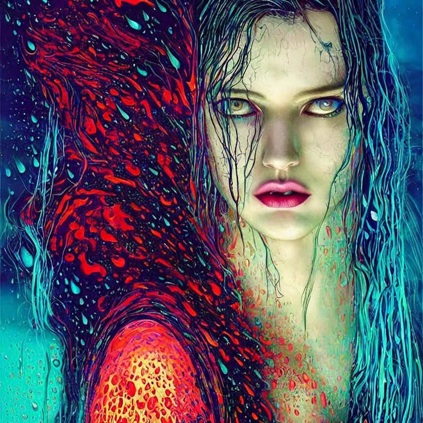 Image similar to bright asthetic portrait of LSD in rain with wet hair and face, liquid, fantasy, intricate, elegant, dramatic lighting, highly detailed, lifelike, photorealistic, digital painting, artstation, illustration, concept art, smooth, sharp focus, art by John Collier and Albert Aublet and Krenz Cushart and Artem Demura and Alphonse Mucha